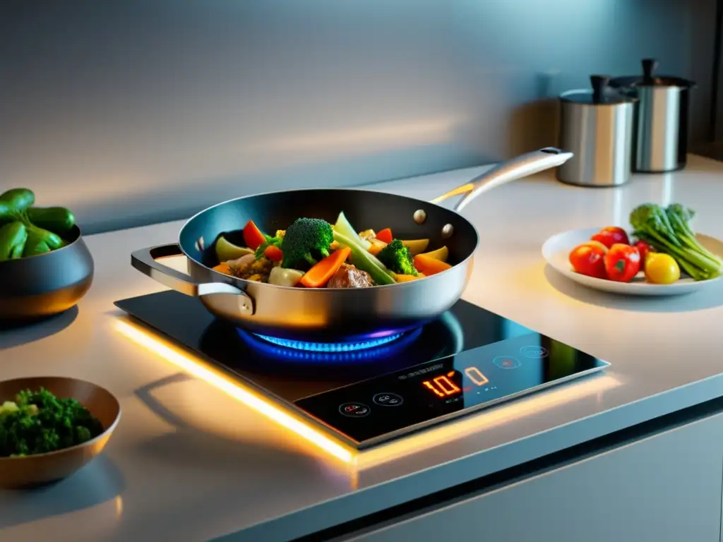 Una cocina moderna con tecnologías eficientes para cocinar, con verduras al vapor y un salteado chisporroteante en la placa de inducción