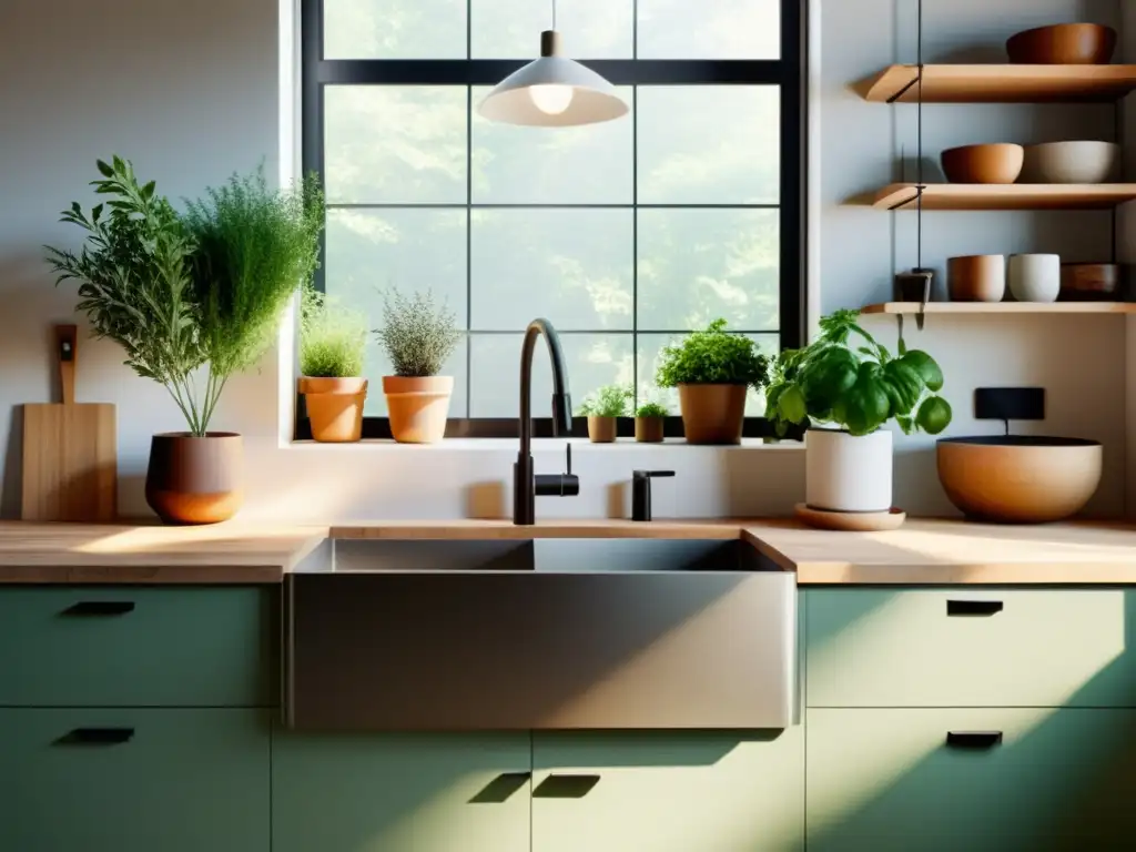 Una cocina serena y minimalista con elementos eco-friendly