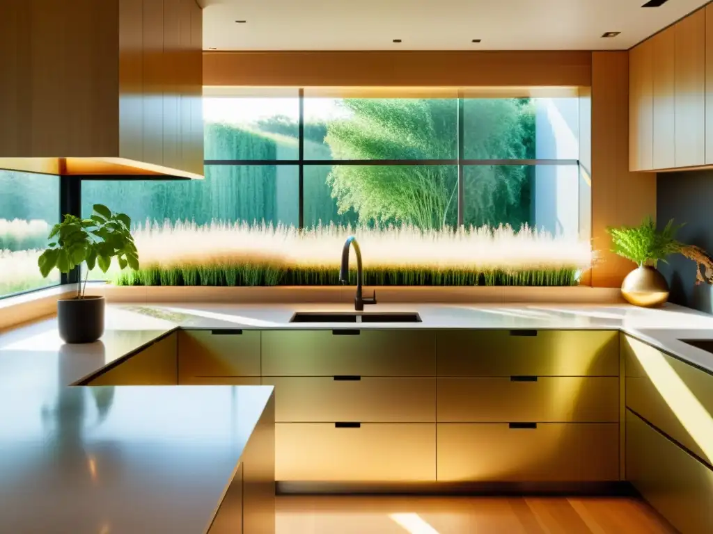 Una cocina soleada y acogedora con cultivo de bioenergéticos sostenible y eficiente, inundada de cálida luz dorada y naturaleza exuberante