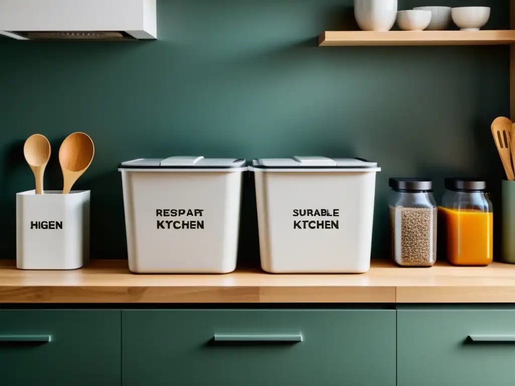 Una cocina sostenible y minimalista con normativas de gestión de residuos en un hogar, bañada por luz natural y organizada