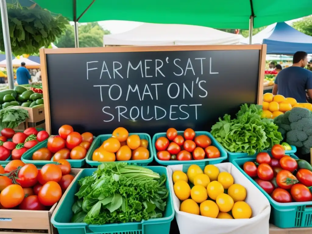 Una colorida escena de un puesto de mercado rebosante de productos frescos y locales, evocando beneficios al consumir productos locales de temporada