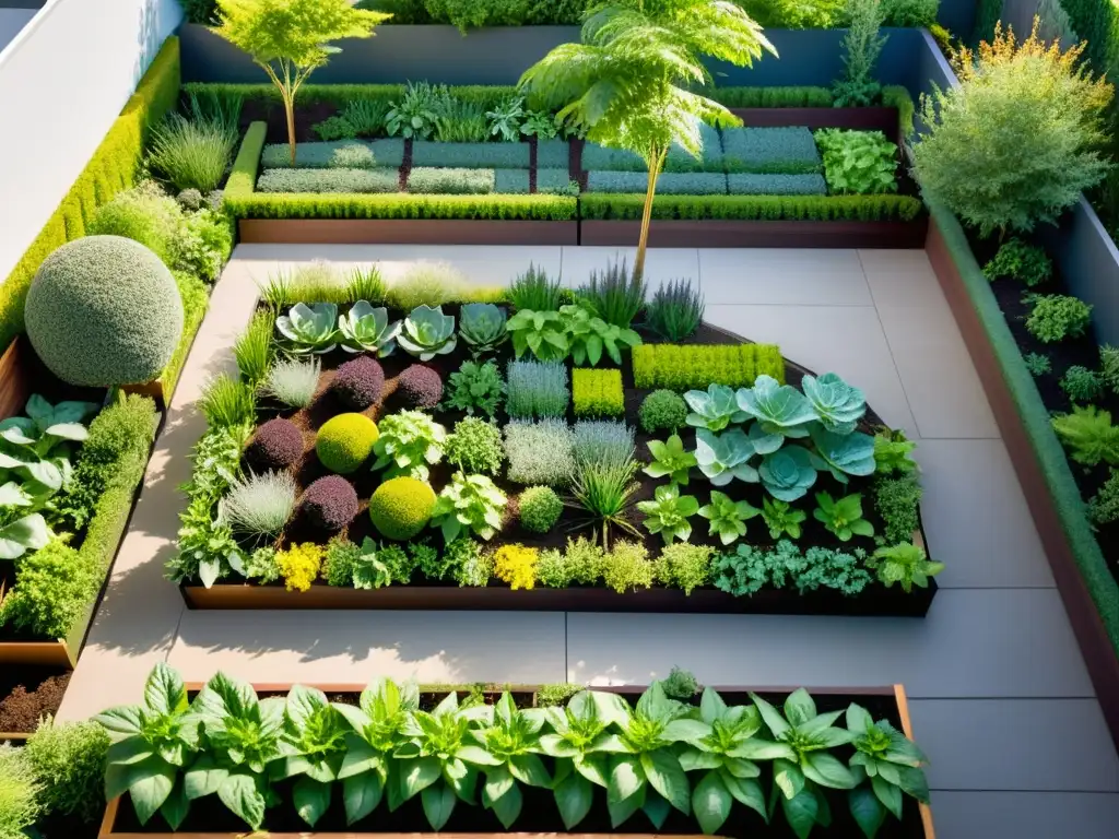 Un jardín comestible sostenible, armonioso y minimalista, con patrones geométricos y tonos terrosos, irradiando tranquilidad y elegancia natural