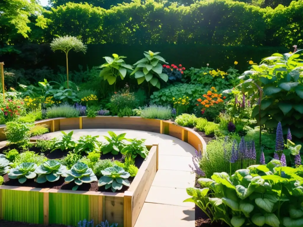 Un jardín comestible sostenible y moderno con una variedad de plantas y un diseño minimalista