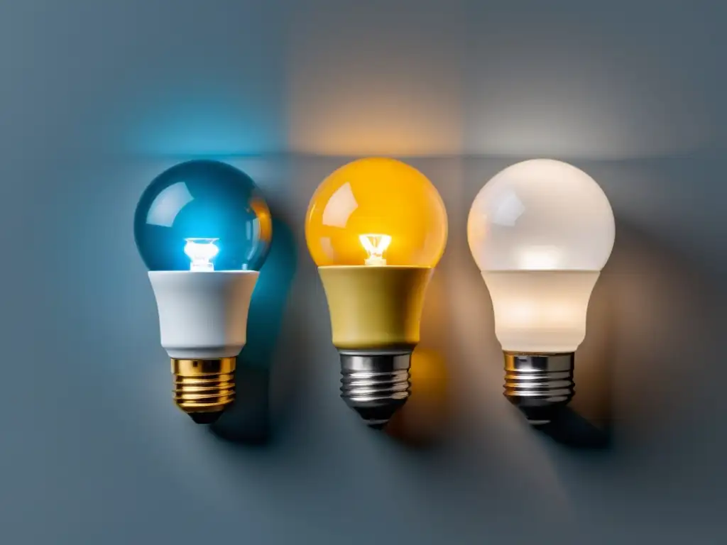 Comparación de luces: incandescente, CFL y LED Comparativa ahorro energético sistemas iluminación: Tres tipos de luces iluminan un mismo espacio con distintas tonalidades y calidad de luz