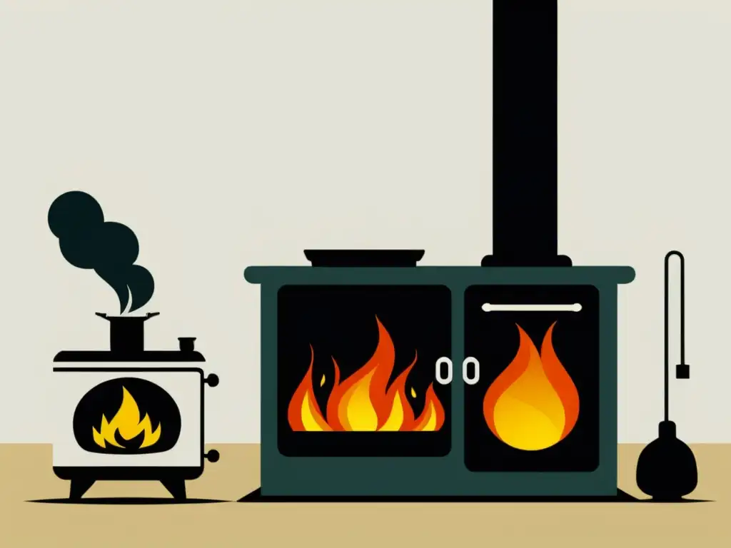 Comparativa biocombustibles vs fuentes energía: Ilustración minimalista de cocinas moderna y tradicional, contrastando impacto ambiental