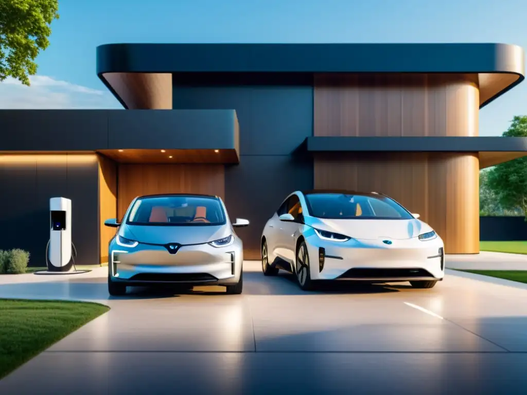 Comparativa de costes vehículo eléctrico híbrido: Imagen de autos modernos y ecológicos frente a casa futurista