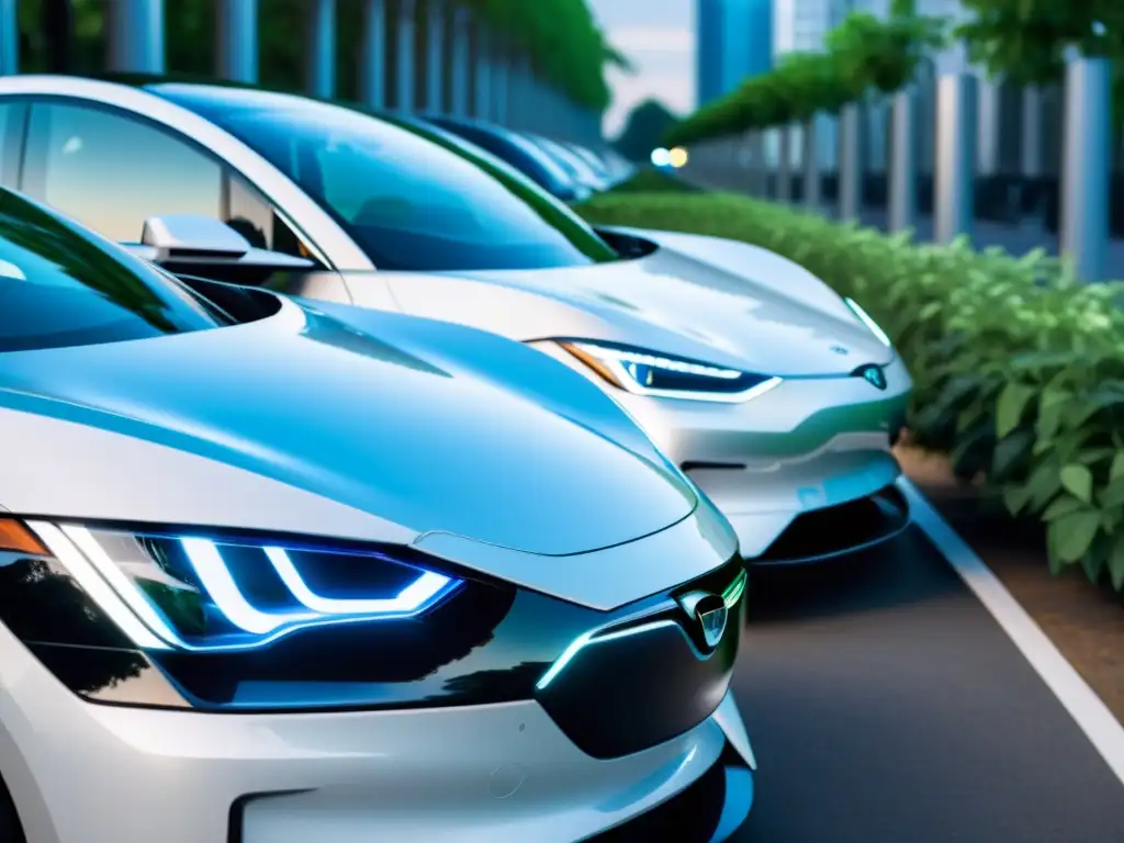 Comparativa costes vehículo eléctrico híbrido: Imagen impactante de autos eléctrico y híbrido en ciudad futurista, emanando luces azules y verdes