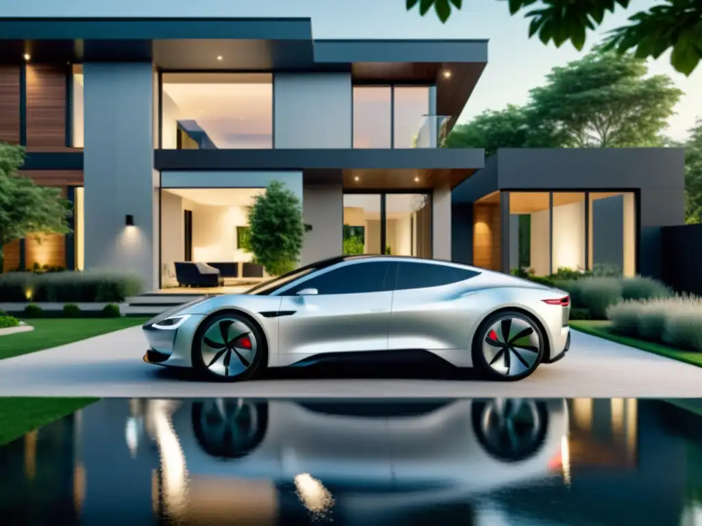 Comparativa impacto ambiental vehículos eléctricos: Coche eléctrico plateado en moderna casa ecofriendly con paneles solares y paisajismo verde