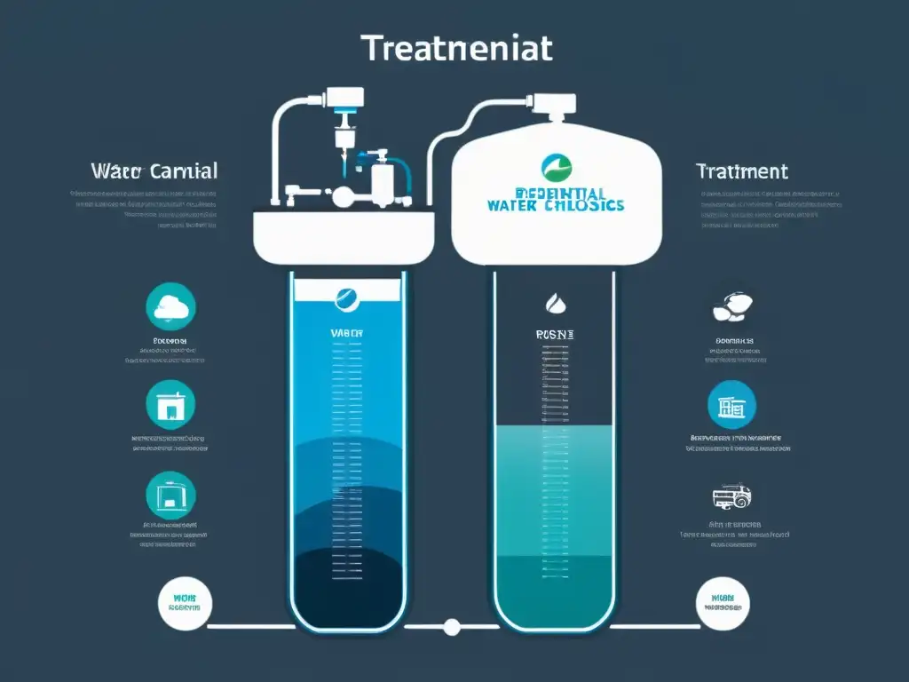 Comparativa de tecnologías de tratamiento de agua residencial: imagen minimalista de alta resolución que muestra una comparación lado a lado de diferentes tecnologías de tratamiento de agua, como ósmosis inversa, filtración de carbón activado y desinfección UV