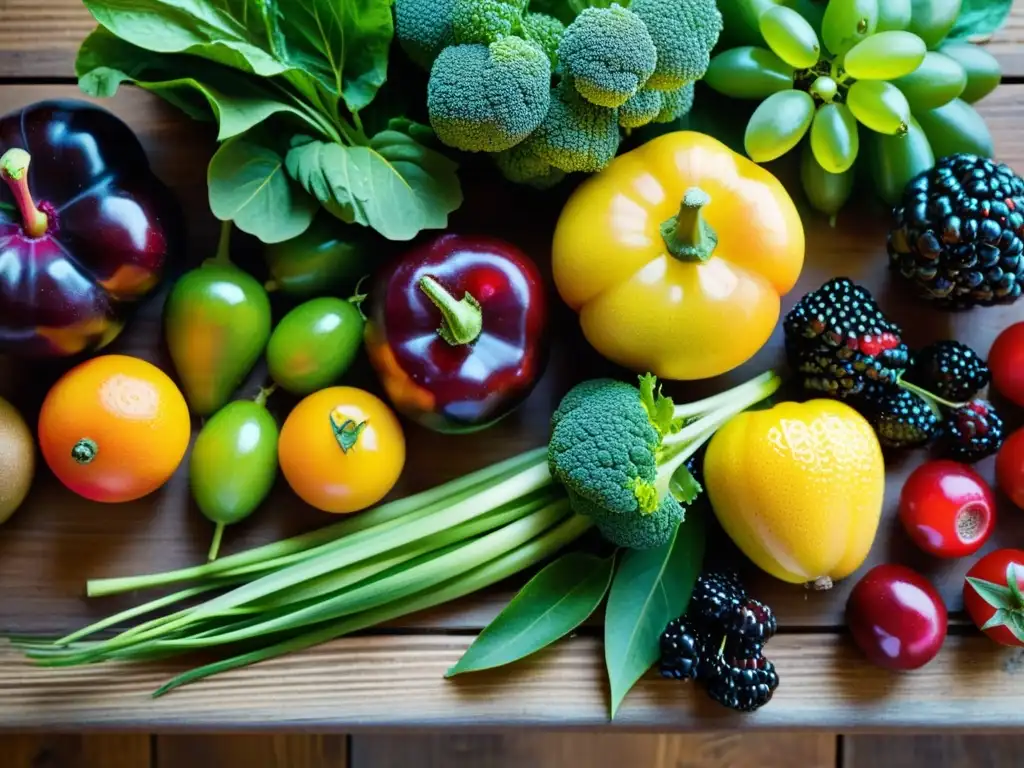 Una composición vibrante de frutas y verduras frescas, con colores ricos y texturas variadas