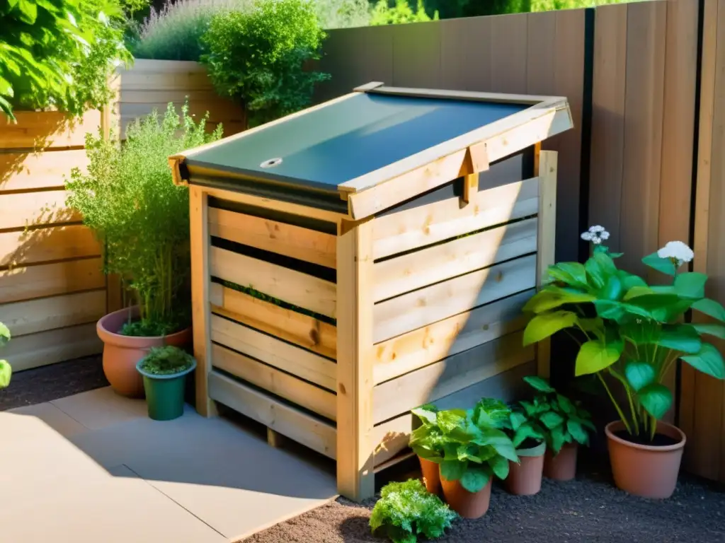 Un compostador casero de materiales reciclados en un soleado patio, rodeado de plantas y flores