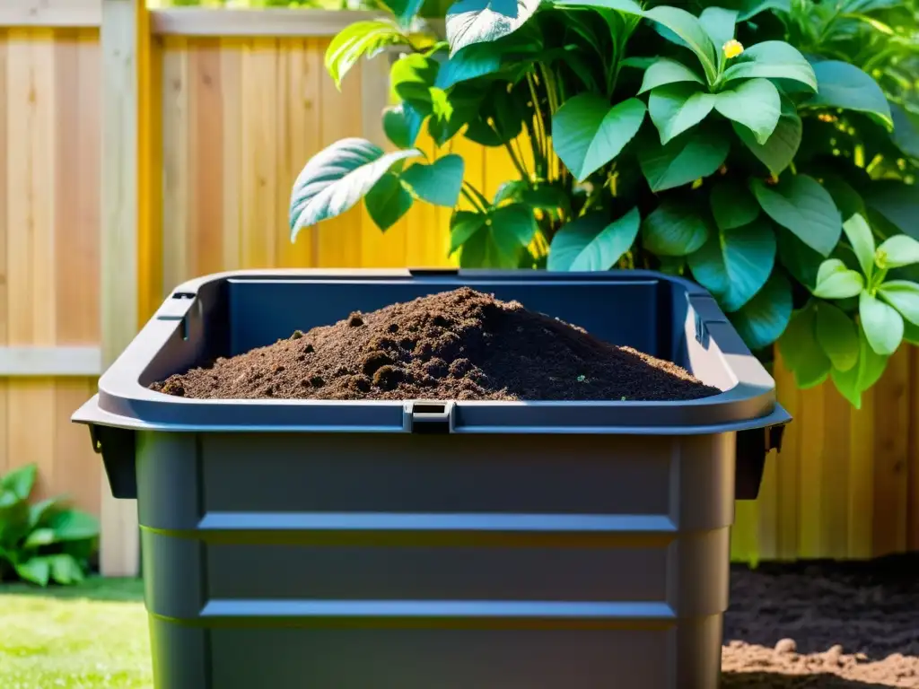 Un compostador casero ordenado en un exuberante jardín, con luz solar filtrándose entre las hojas