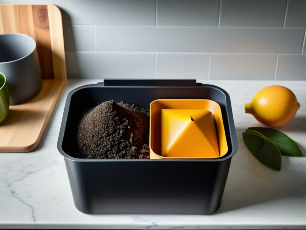 Un compostador casero de plástico reciclado negro, rodeado de restos orgánicos en una cocina