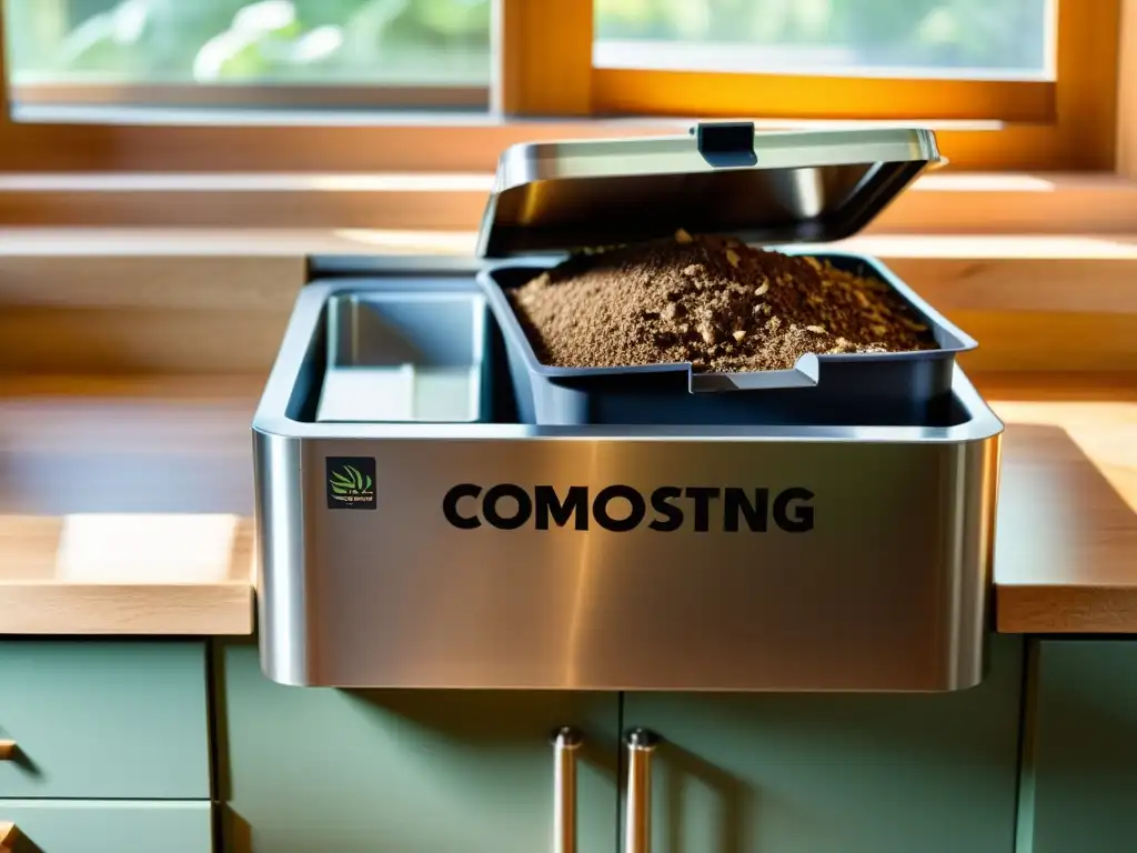 Un compostador en la cocina, lleno de restos de comida y hojas secas, iluminado por la luz del sol