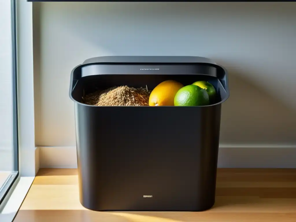 Un compostador de cocina negro y elegante con restos de comida, iluminado suavemente