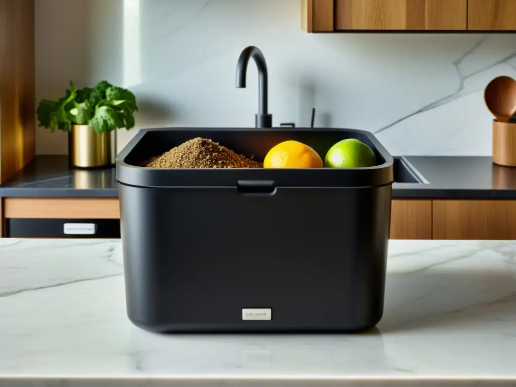 Un compostador doméstico meticulosamente organizado en una cocina moderna