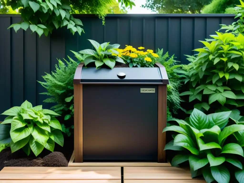 Un compostador de madera oscura rodeado de plantas exuberantes y flores vibrantes