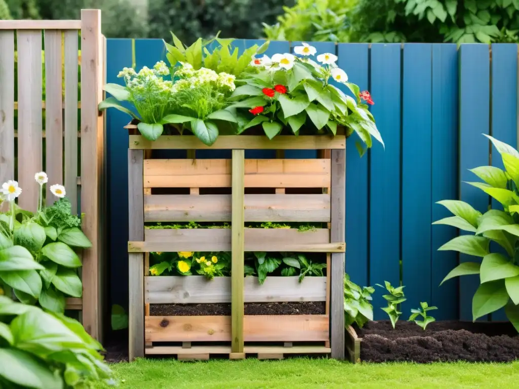 Un compostador de materiales reciclados en un jardín exuberante, representando la belleza de la sostenibilidad