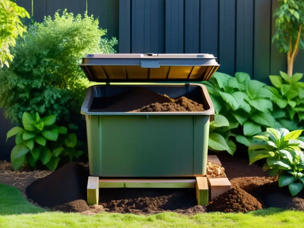 Un compostador ordenado en un jardín bien cuidado, con capas de desechos orgánicos y materiales de compostaje, iluminado por el sol