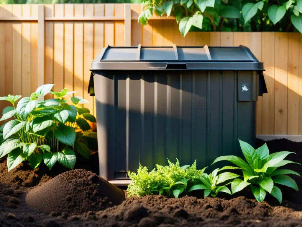 Un compostador en el jardín, con tierra oscura y materiales orgánicos