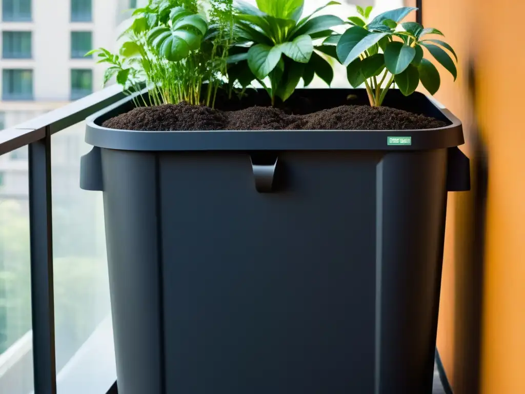 Un compostador urbano en un balcón, rodeado de plantas en macetas