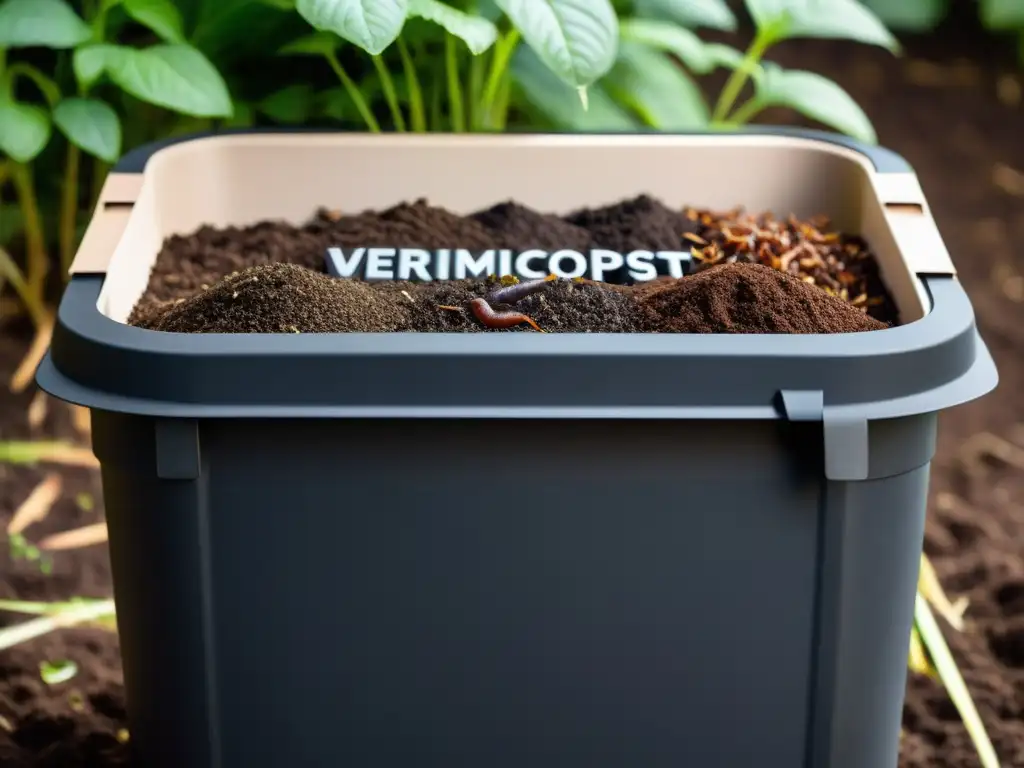 Un compostador de vermicompostaje en casa sostenible, con lombrices trabajando en compost oscuro y textura finamente granulada