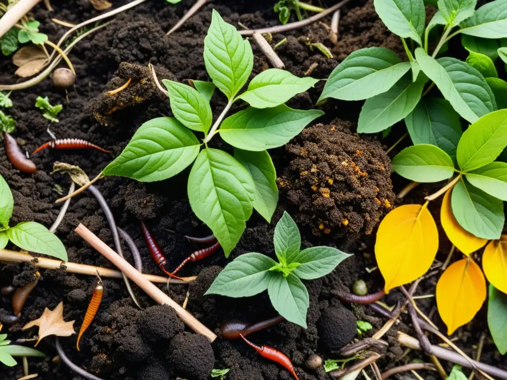 Compostaje activo en jardín sostenible, con descomposición natural de residuos orgánicos y lombrices