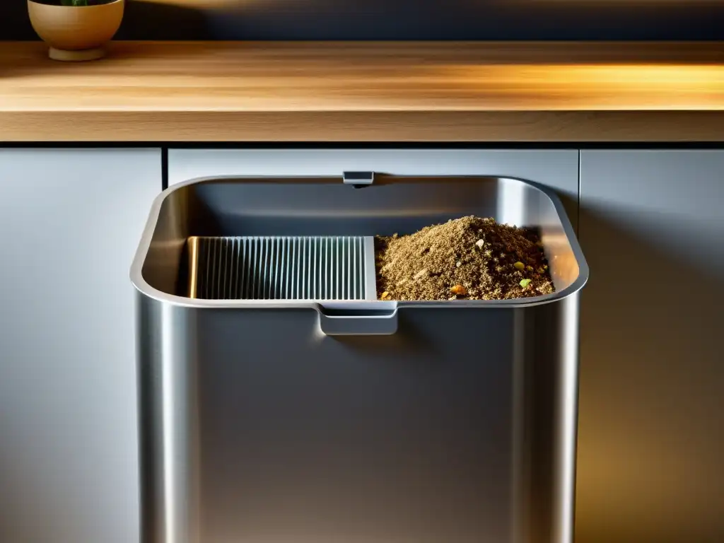 Un compostaje en casa para jardín, mostrando el proceso de transformación de residuos orgánicos en compost