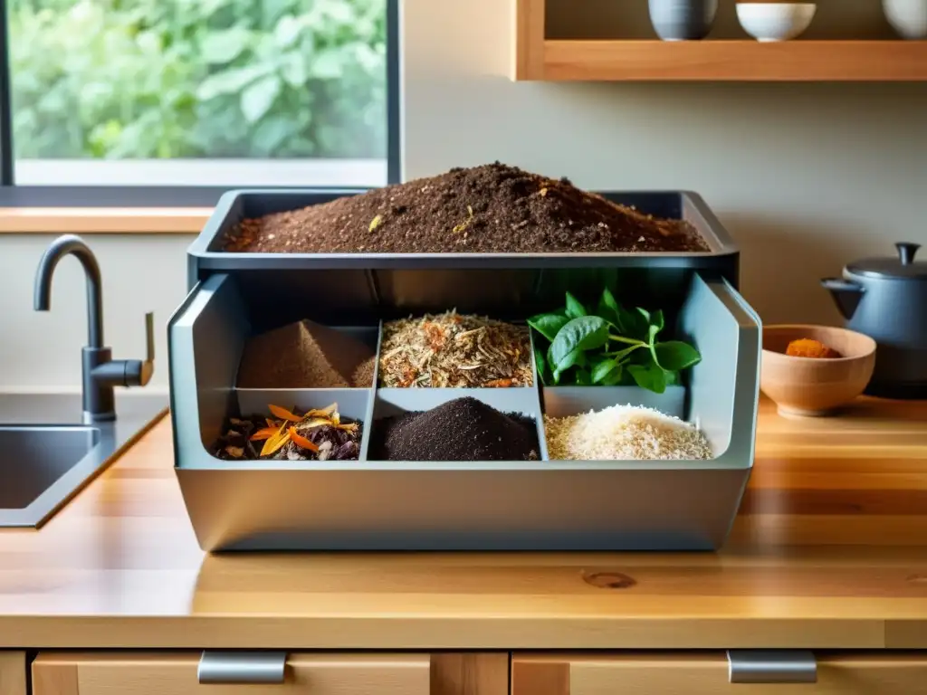 Compostaje en casa para sostenibilidad: imagen de un compostador doméstico con restos de comida y papel, iluminado cálidamente en la cocina de madera