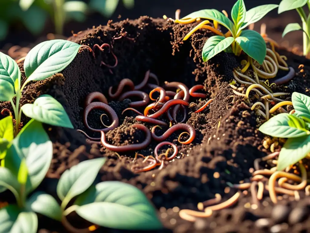 Compostaje casero para jardín sostenible: un montón de compost oscuro rebosante de lombrices y microorganismos beneficiosos, rodeado de plantas verdes vibrantes bajo la cálida luz del sol