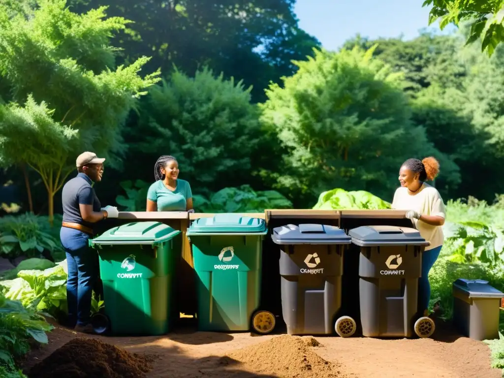 Compostaje comunitario para hogar sostenible: Grupo diverso comparte ideas y cuida el compost rodeado de naturaleza exuberante y luz cálida