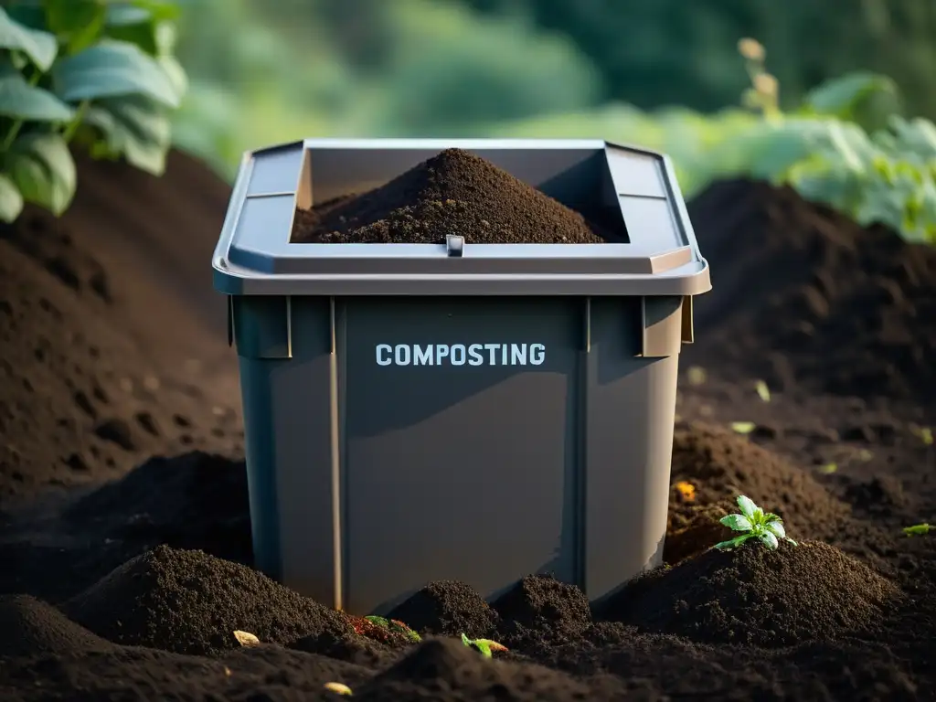 Bokashi compostaje doméstico: bin lleno de compost oscuro y rico, transmitiendo calma y el proceso natural de compostaje