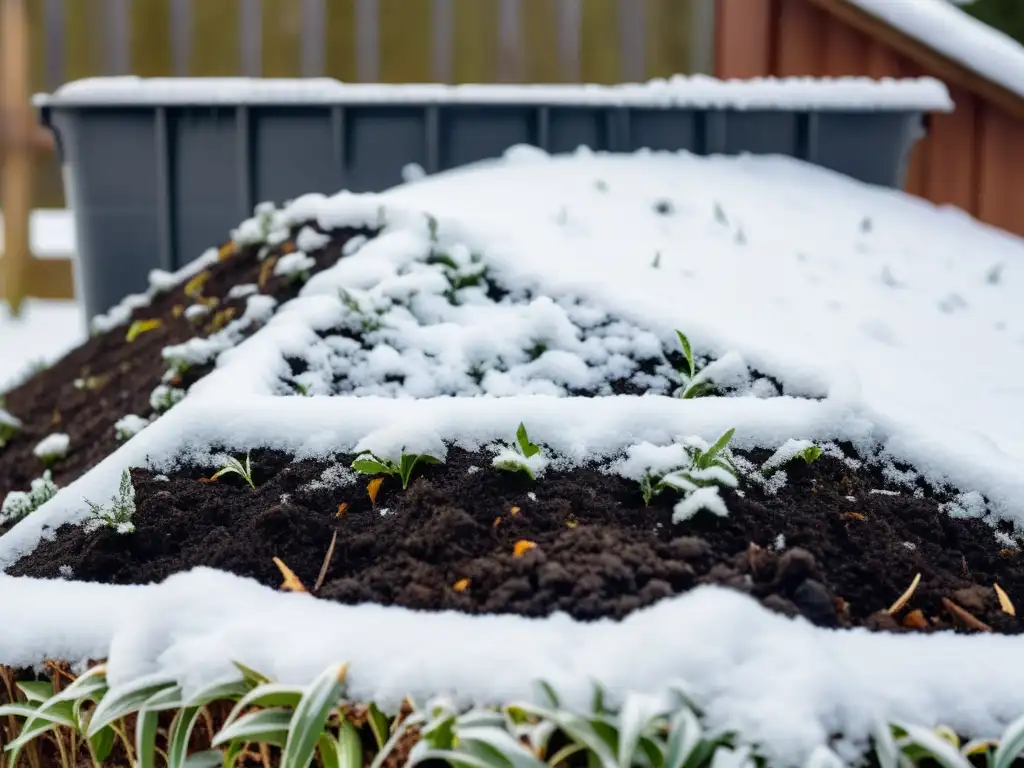 Compostaje invernal sostenible: vapor se eleva de un montón de compost cubierto de nieve con icicles, mostrando su resiliencia