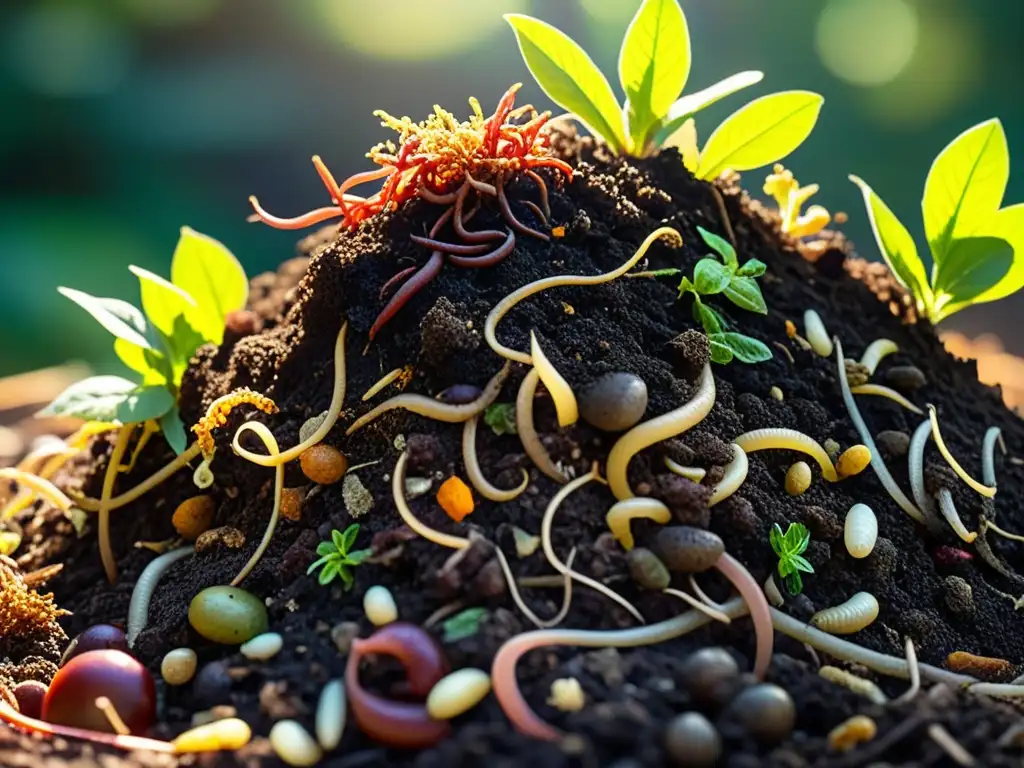 Un compostaje próspero, con capas de restos de comida, hojas y tierra rebosante de lombrices y bacterias beneficiosas