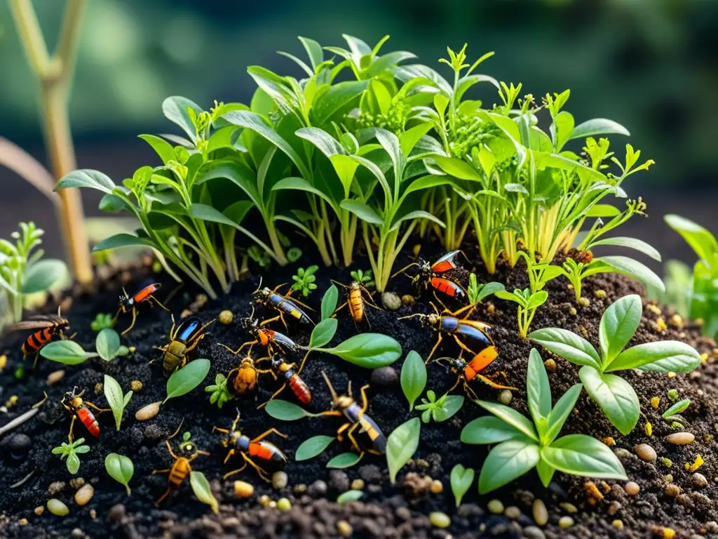 Un compostaje próspero muestra la biodiversidad en acción, con insectos y plantas en un ecosistema vibrante