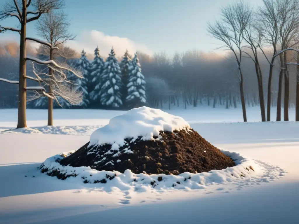 Un compostaje sostenible en invierno: un montón de compost cubierto de nieve entre árboles dormidos, transmitiendo tranquilidad y calidez natural