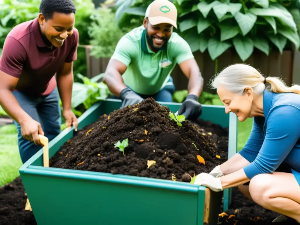 Una comunidad diversa colabora en compostaje comunitario para hogar sostenible, en un jardín con vegetación exuberante y flores coloridas