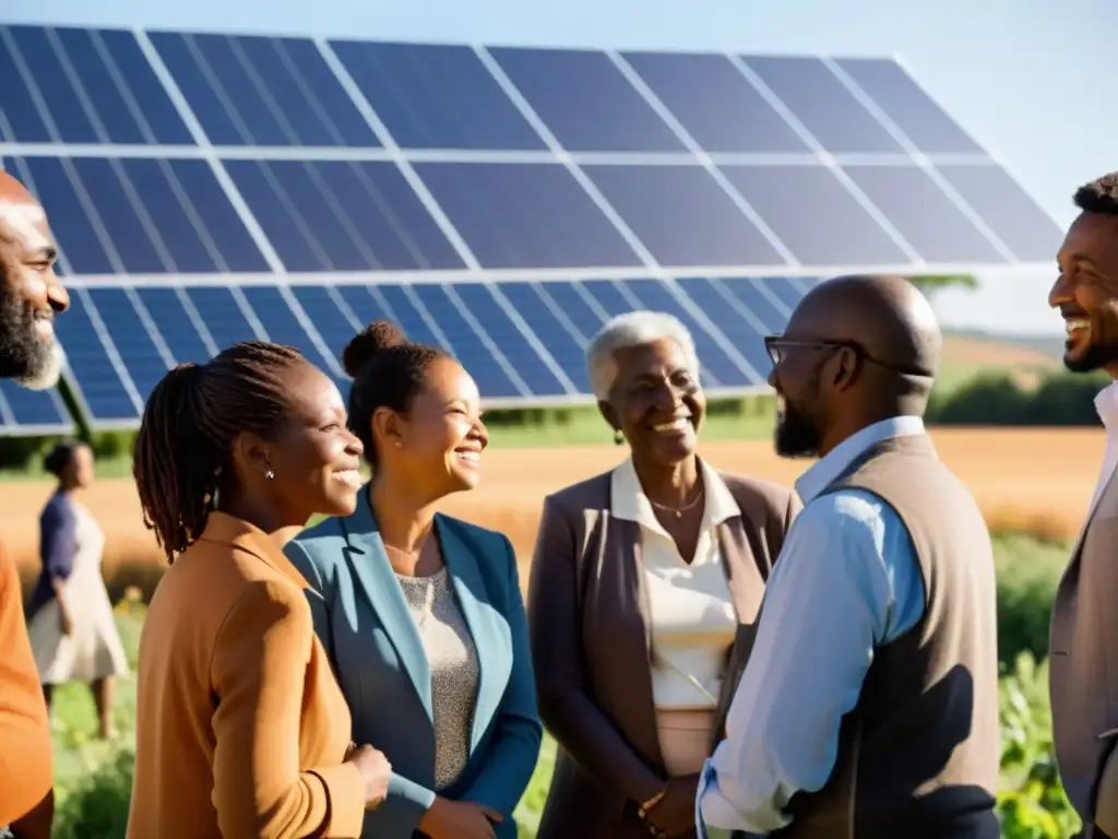 Comunidad diversa conversa bajo paneles solares en un campo soleado, promoviendo proyectos colectivos energía solar sostenible