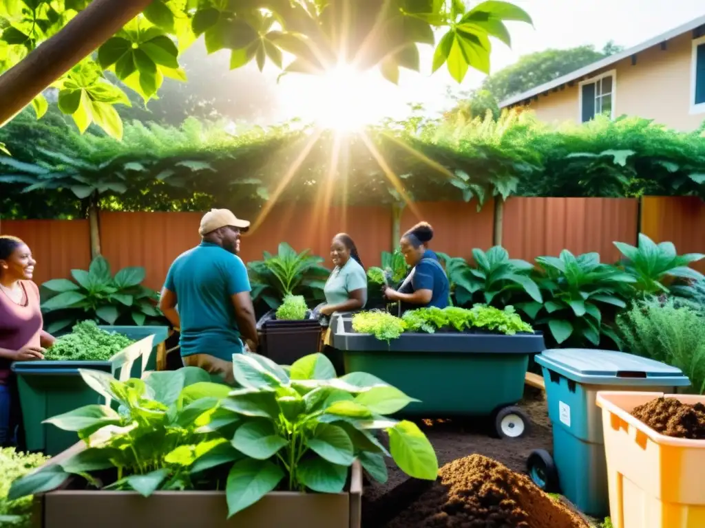 Comunidad diversa organiza evento comunitario compostaje sostenibilidad en jardín exuberante