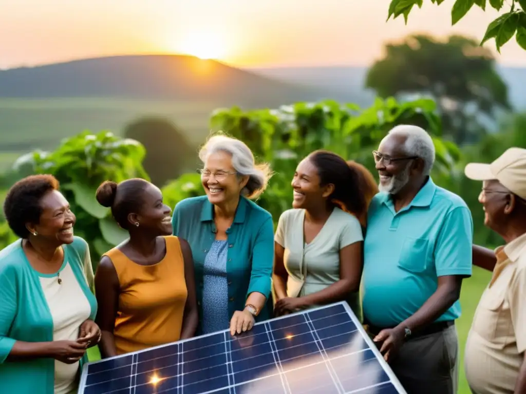 Una comunidad diversa se reúne alrededor de una instalación de energía solar comunitaria, irradiando progreso y calidad de vida