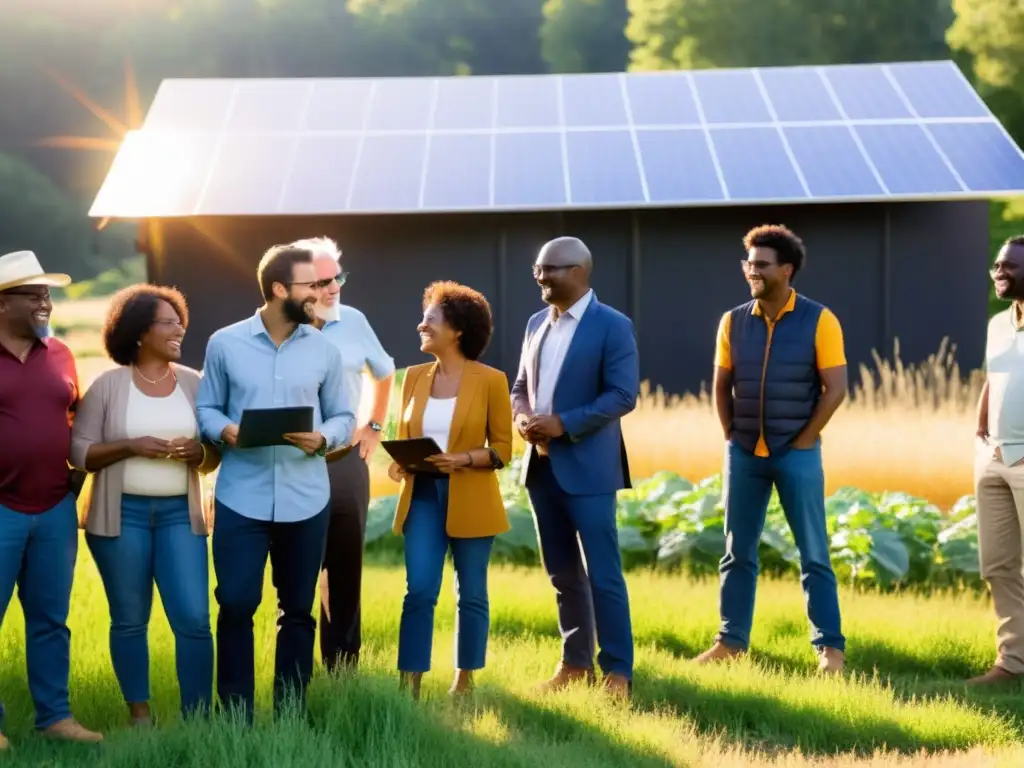 Una comunidad diversa instala paneles solares en un campo soleado, mostrando colaboración y sostenibilidad en hogares