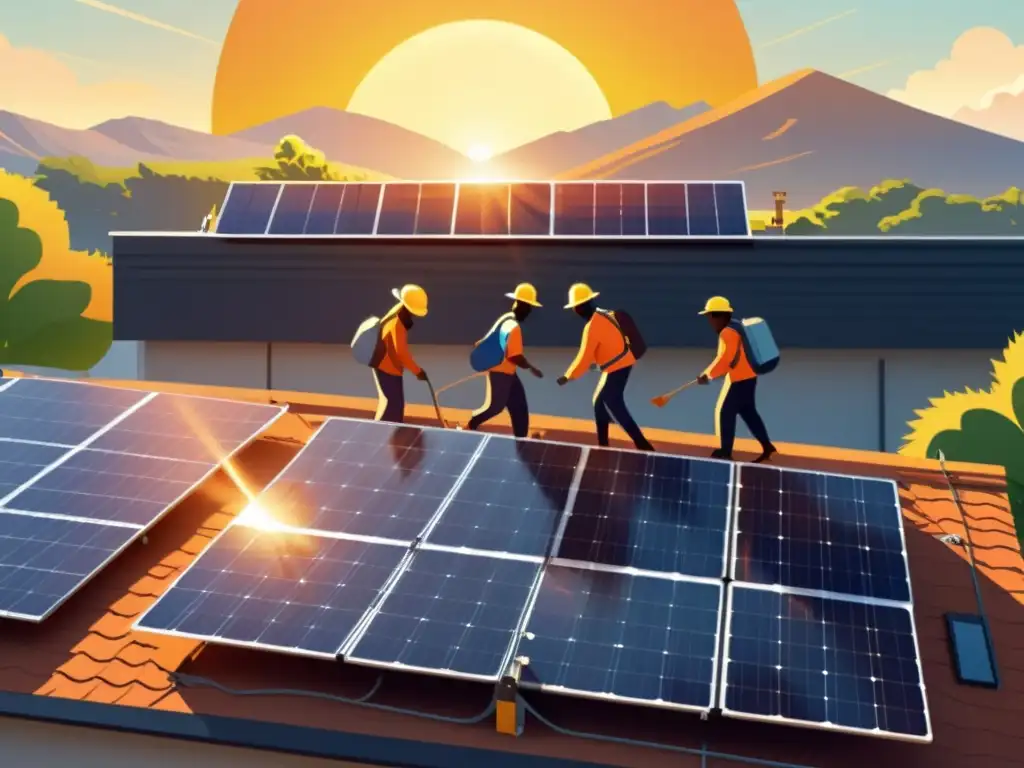 Comunidad diversa instala paneles solares en tejado bajo el sol brillante, reflejando el espíritu innovador del financiamiento colectivo energía solar