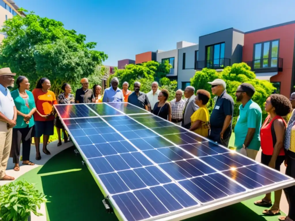 Comunidad diversa colabora en proyectos colectivos energía solar sostenible en vecindario urbano vibrante y esperanzador