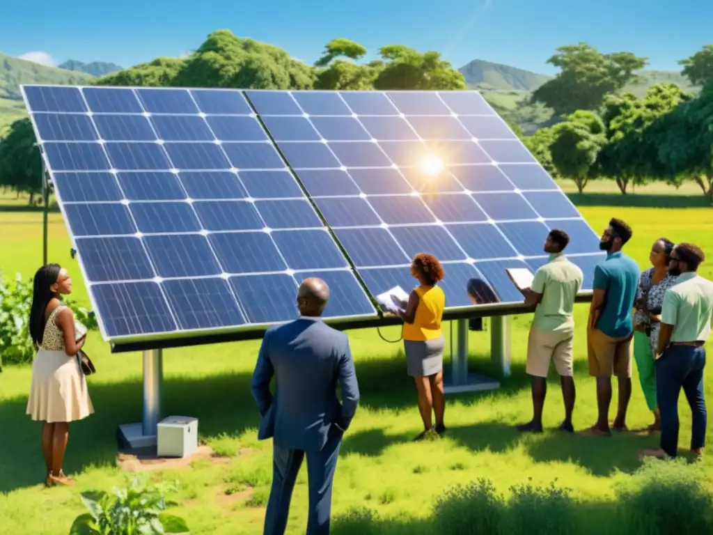 La comunidad se reúne alrededor de una instalación solar en un campo soleado, discutiendo y tomando notas