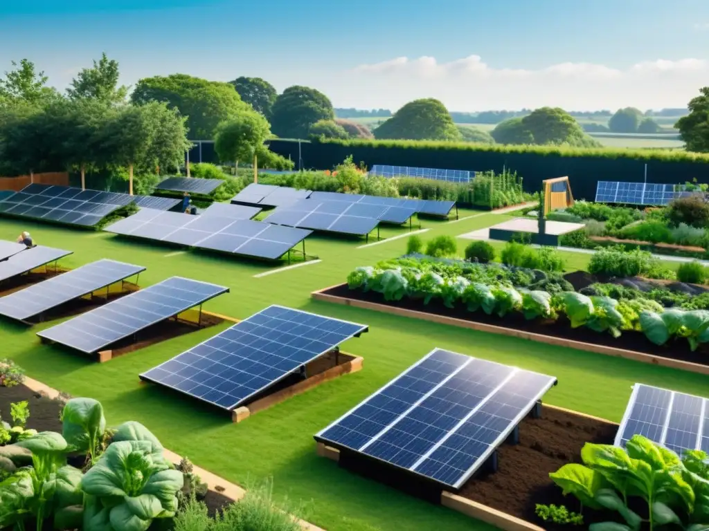 Una comunidad jardinera sostenible con paneles solares, destacando proyectos colaborativos de bioenergía sostenible