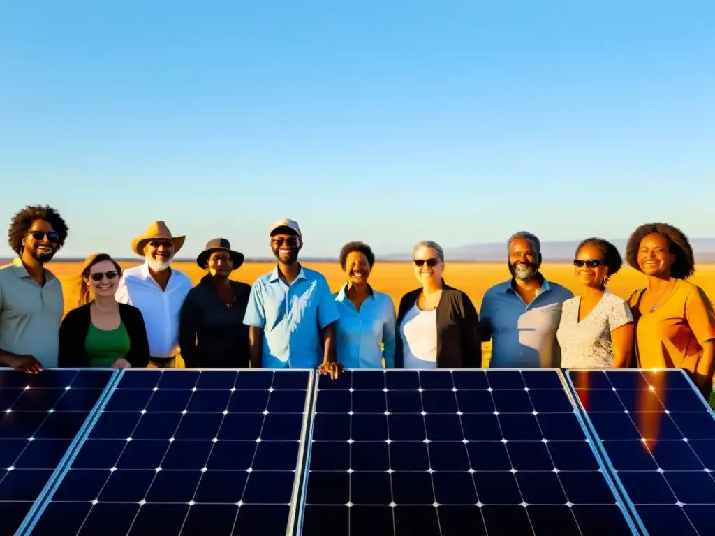 Una comunidad local se reúne en una instalación de paneles solares, reflejando historias activistas energía limpia locales