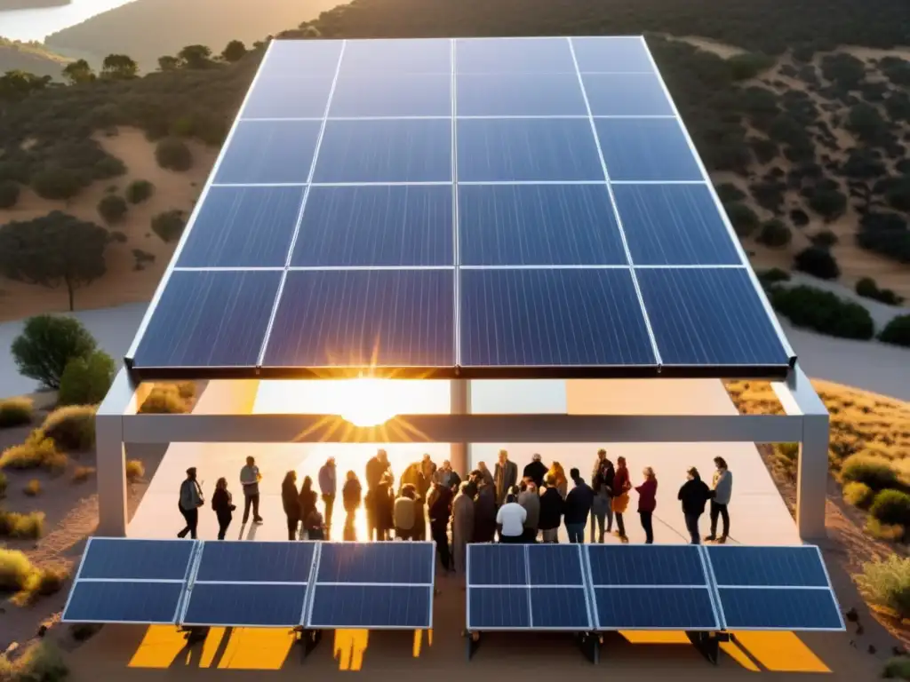 Una comunidad se reúne bajo paneles solares en un atardecer cálido, promoviendo proyectos solares comunitarios sostenibles