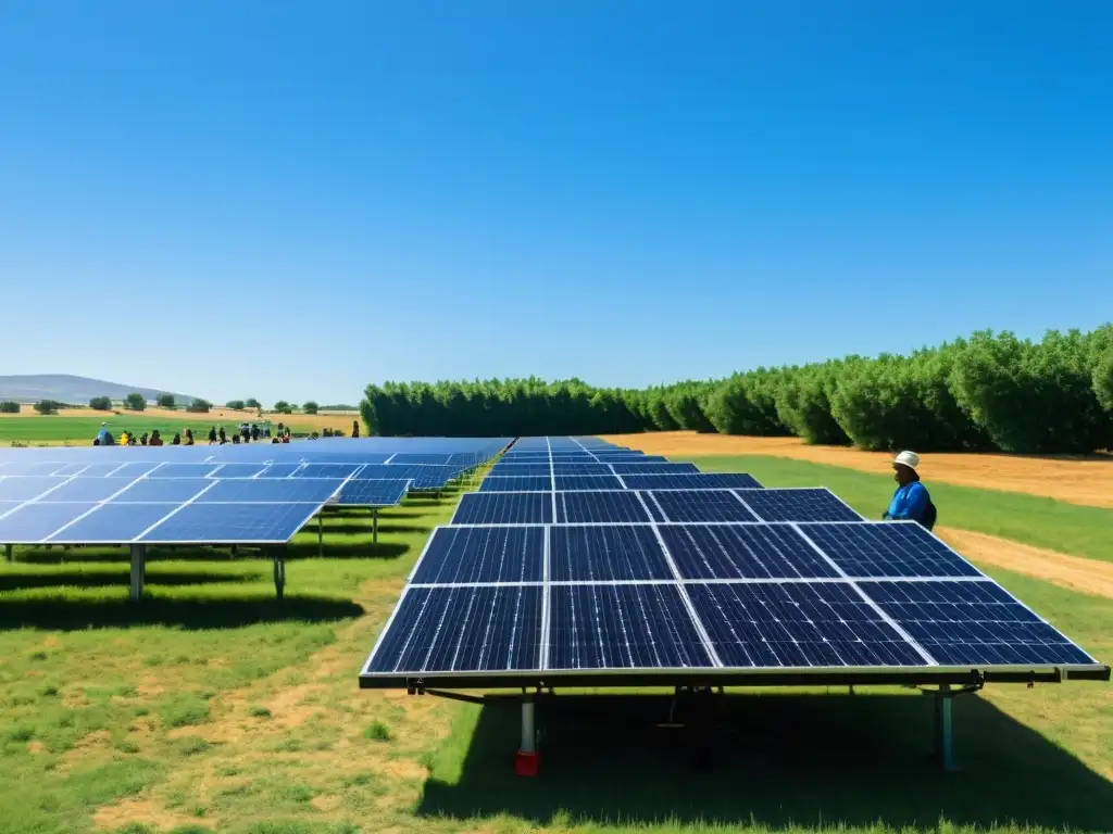 Una comunidad se reúne alrededor de paneles solares en un campo, bajo un cielo azul