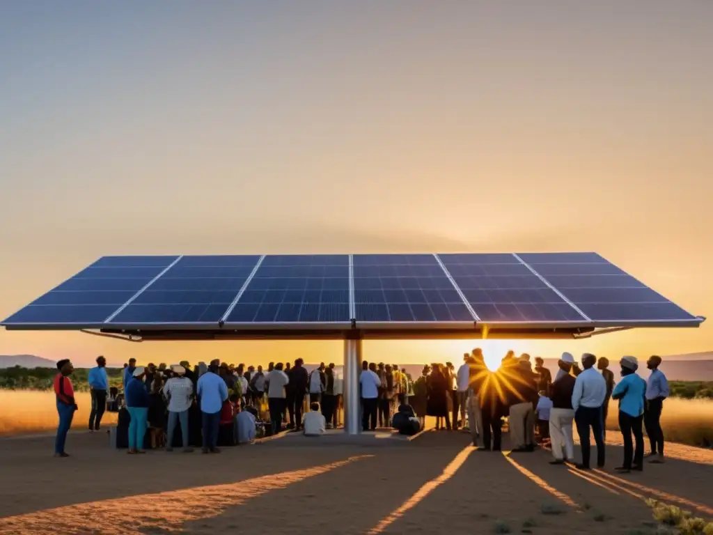 Una comunidad se reúne bajo paneles solares, reflejando colaboración y esperanza en proyectos solares colaborativos sostenibles