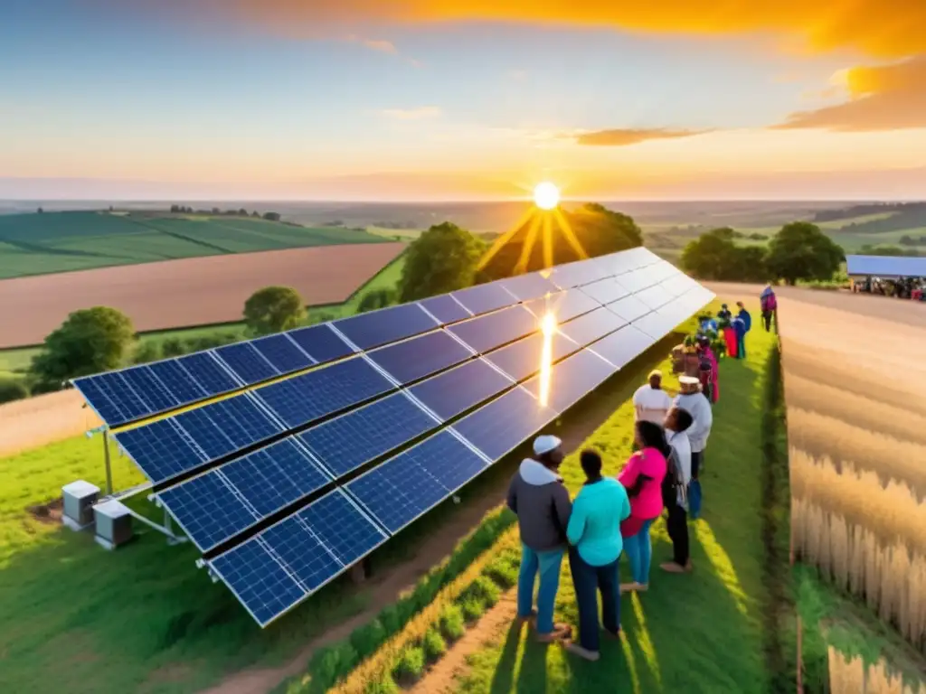 Una comunidad rural se reúne alrededor de una instalación de paneles solares, mostrando el impulso de la energía solar en comunidades sostenibles